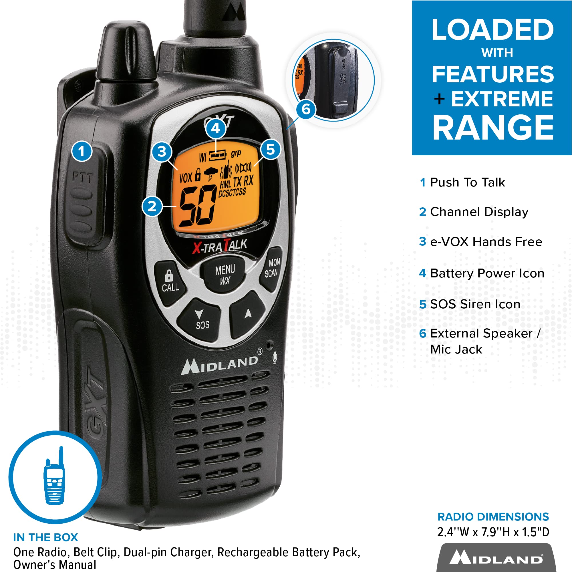 Midland�   Gxt1000Az   50 Channel Gmrs Two Way Radio   Long Range Walkie Talkie With 142 Privacy Codes, Sos Siren, And Noaa Weather Alerts And Weather Scan (Black/Silver, Single Pack)